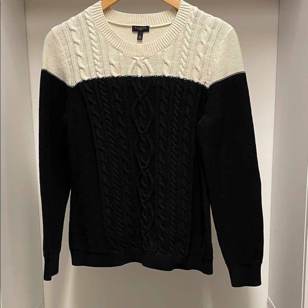 Talbots Black and Cream Cable Knit Sweater 100% Cotton Size Petite L